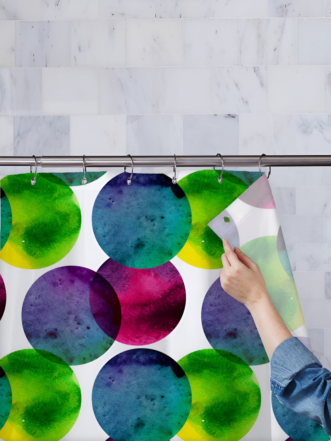 

ArtzFolio White & Green Polka Dot Printed Waterproof Shower Curtains