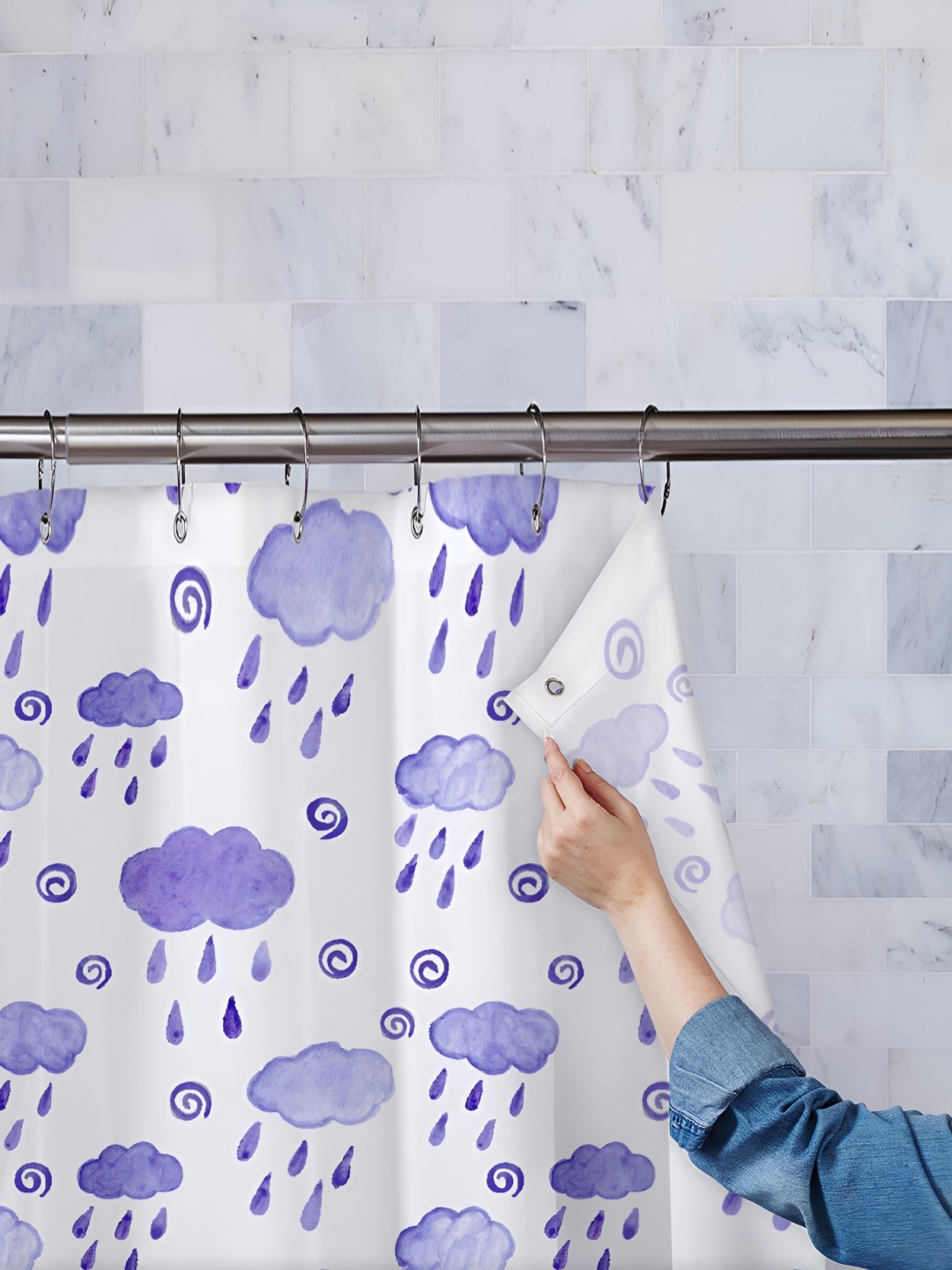 

ArtzFolio White & Blue Printed Waterproof Shower Curtains