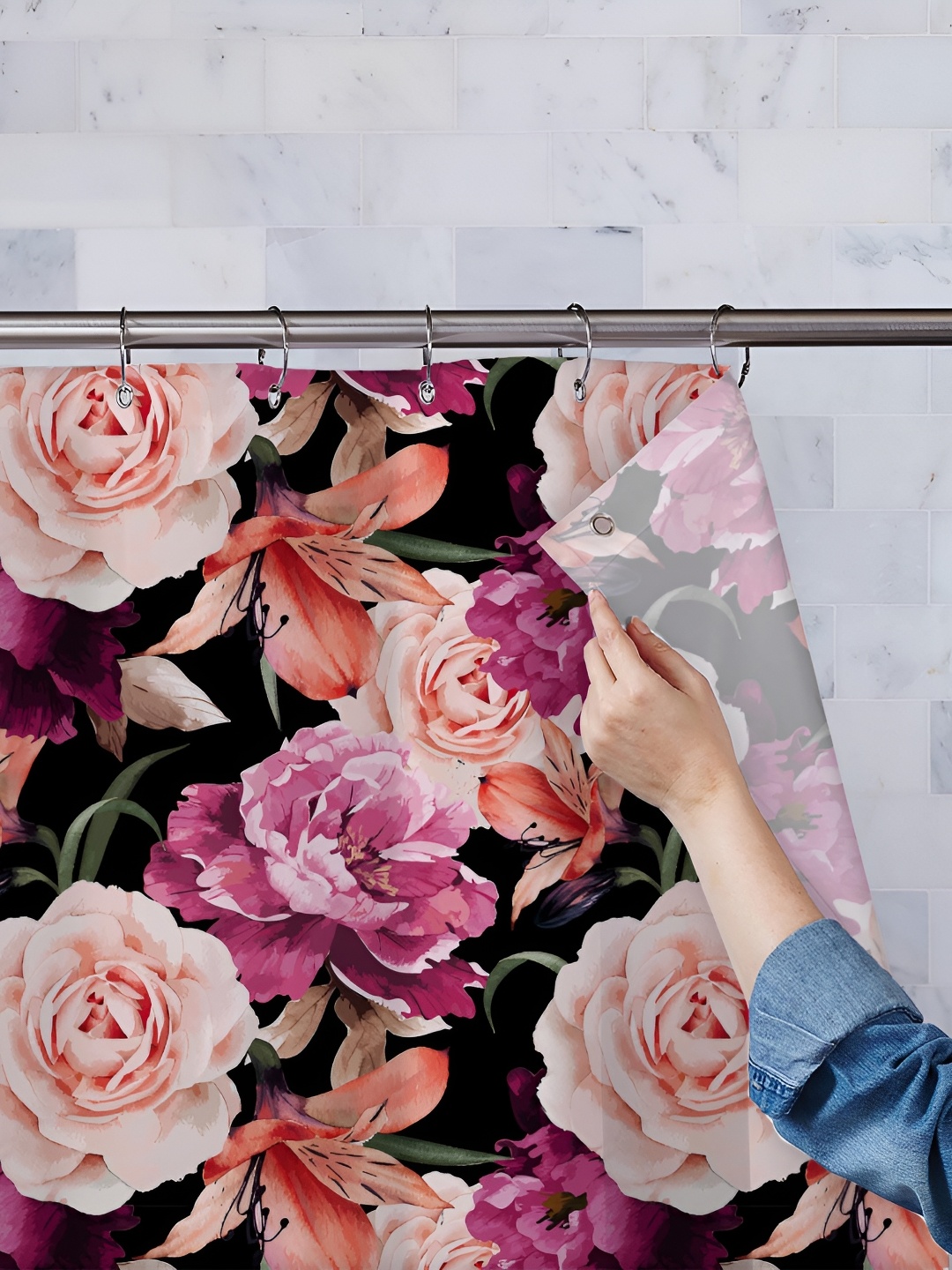 

ArtzFolio White & Pink Printed Waterproof Shower Curtains, Black