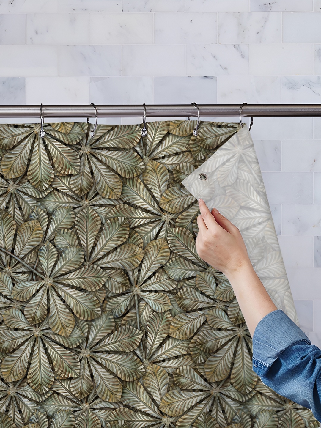 

ArtzFolio Olive Green & Beige Printed Waterproof Shower Curtain