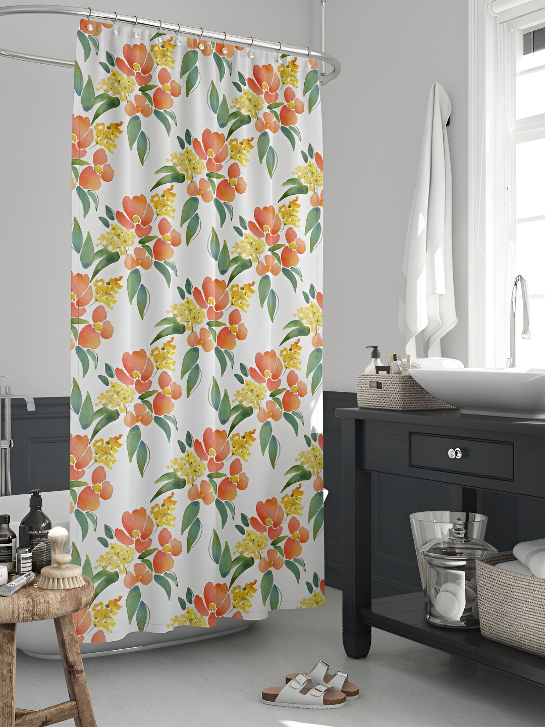 

ArtzFolio White & Peach Coloured Printed Waterproof Shower Curtains