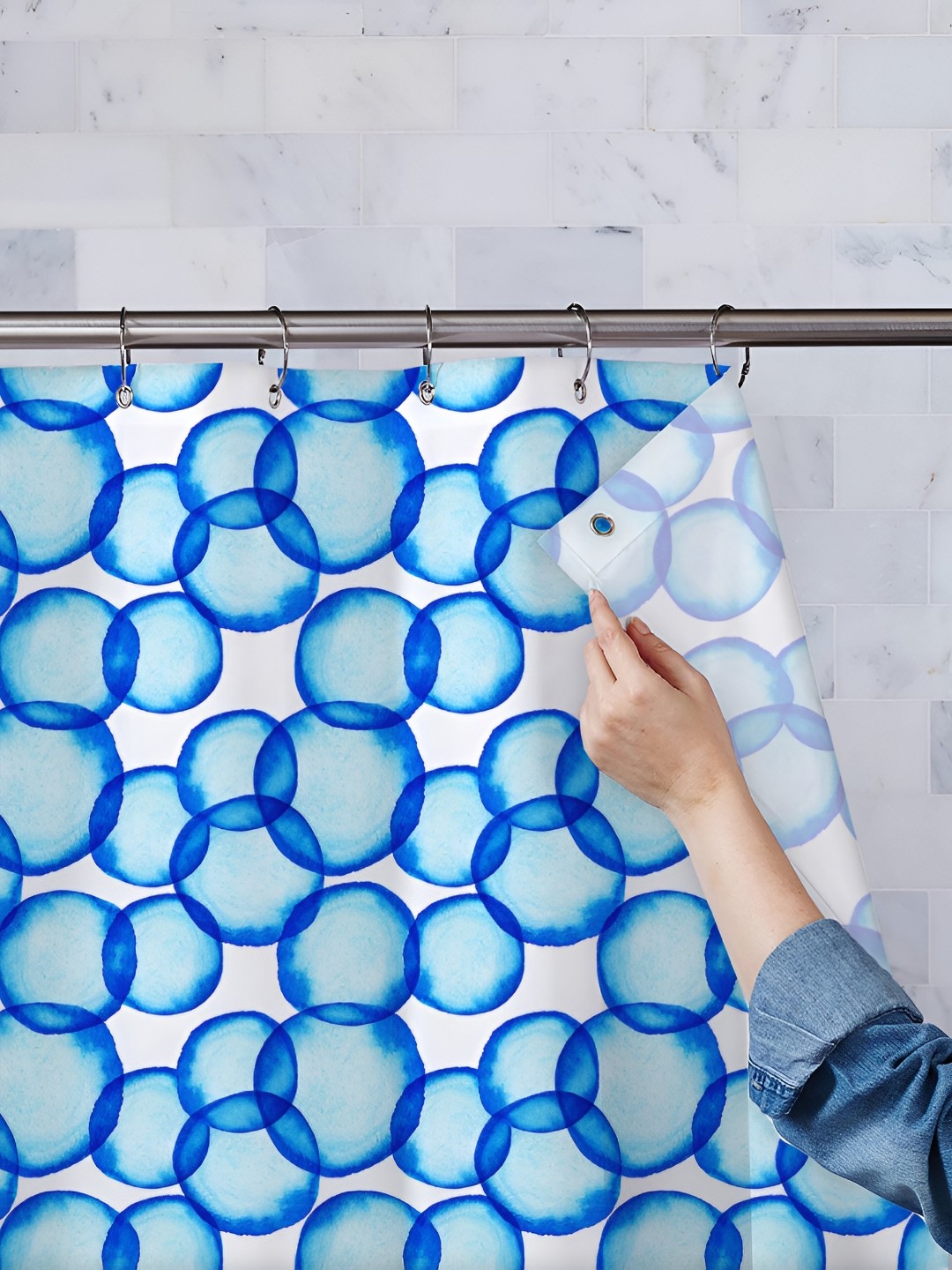 

ArtzFolio White & Blue Printed Waterproof Shower Curtains