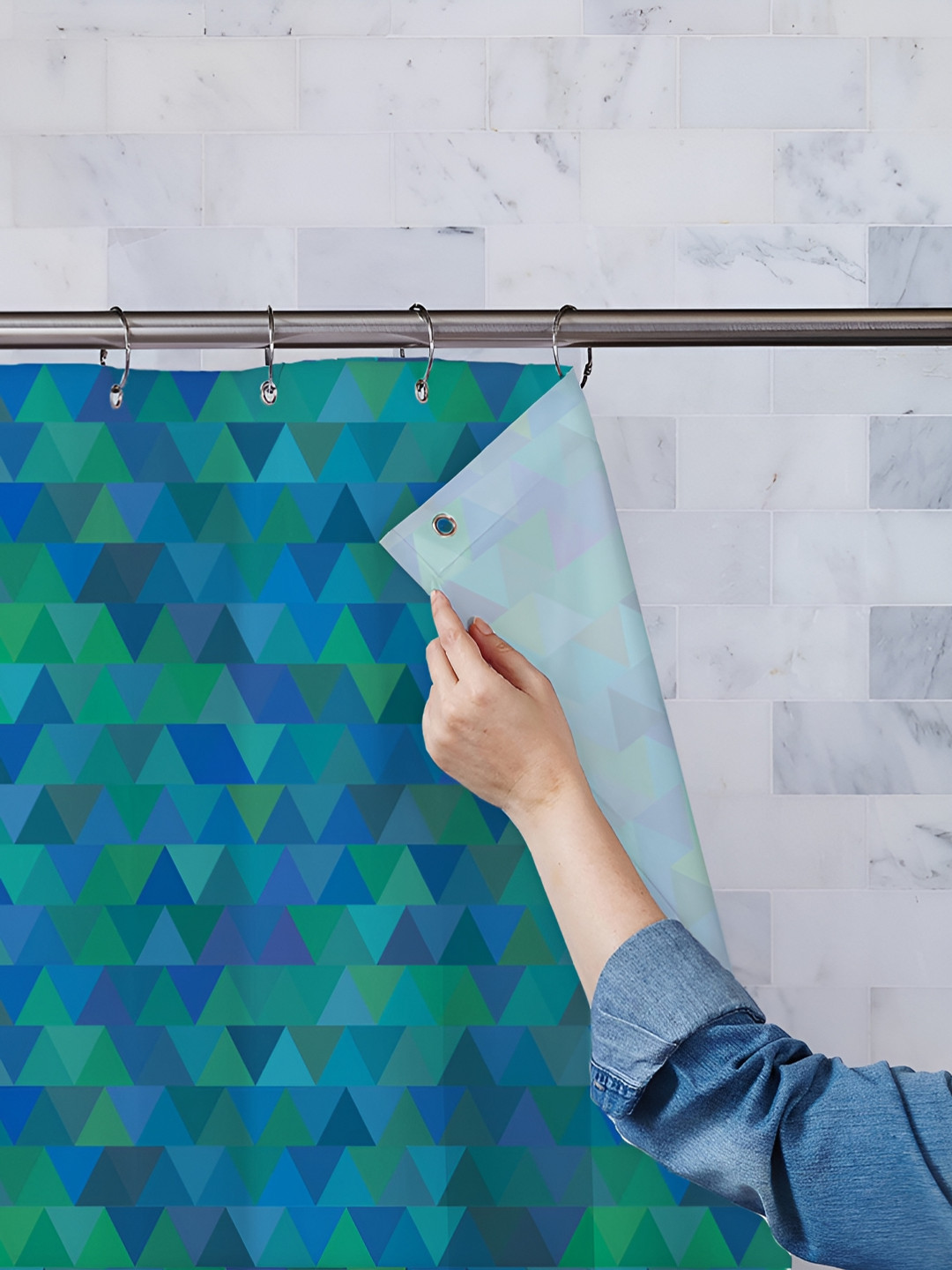 

ArtzFolio Navy-Blue & Green Geometric Printed Waterproof Shower Curtain