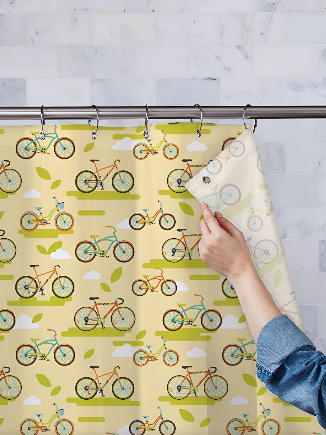 

ArtzFolio CreamColoured & Green Printed Waterproof Shower Curtains, Cream