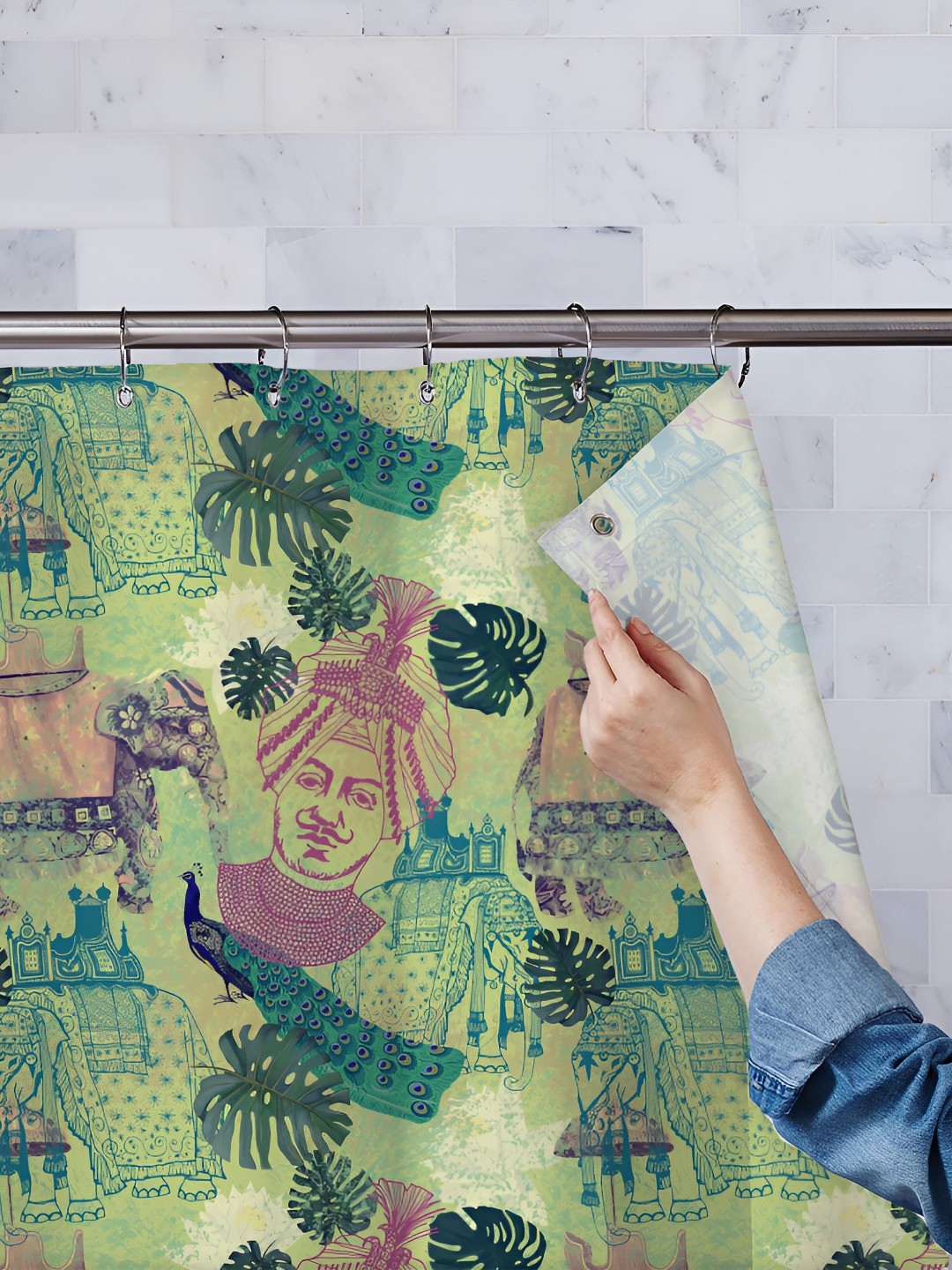 

ArtzFolio Green & Pink Printed Waterproof Shower Curtain