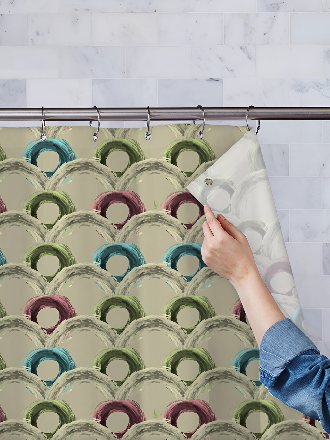 

ArtzFolio Beige & Green Printed Waterproof Shower Curtains