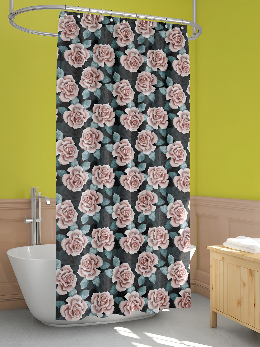 

ArtzFolio Green & Peach-colored Printed Waterproof Shower Curtain, Black