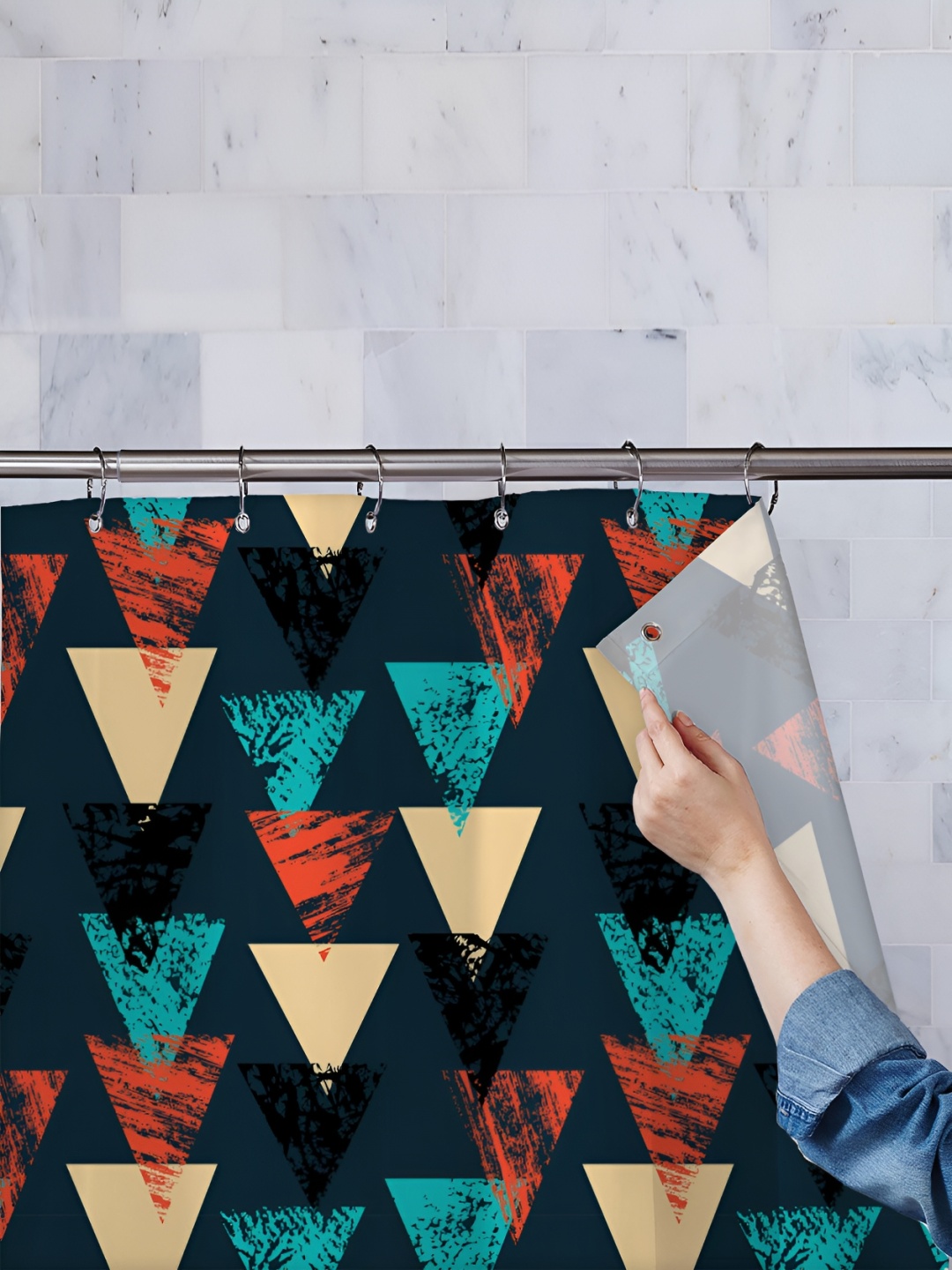 

ArtzFolio Navy-Blue & Beige Geometric Printed Waterproof Shower Curtain