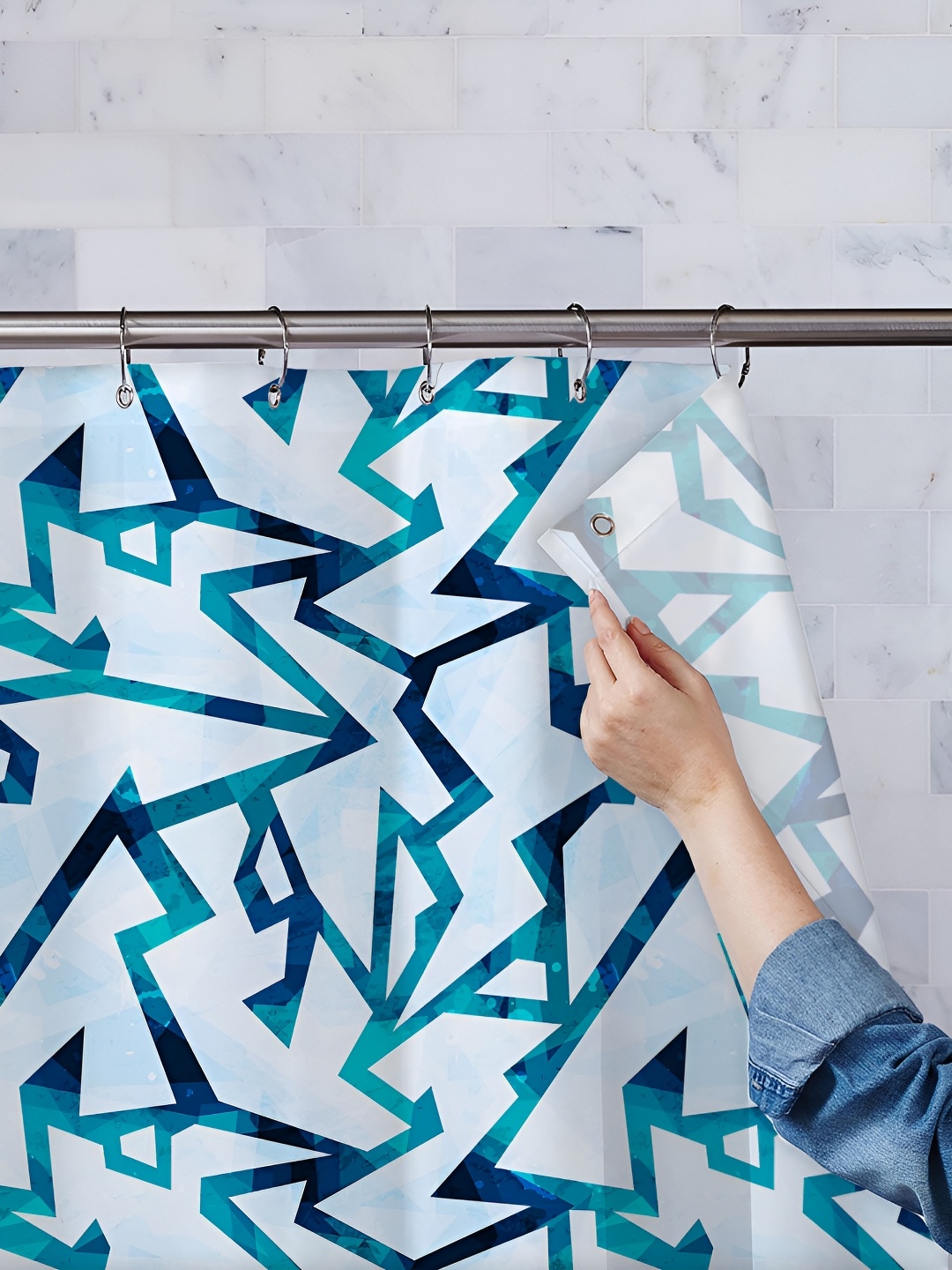 

ArtzFolio White & Turquoise Blue Printed Waterproof Shower Curtains