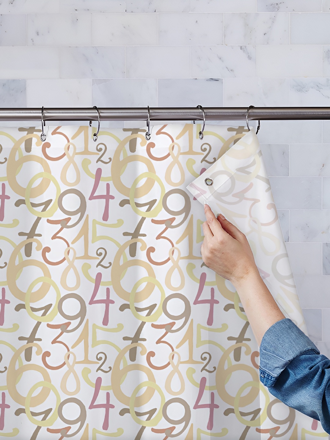 

ArtzFolio Beige & White Printed Waterproof Shower Curtains