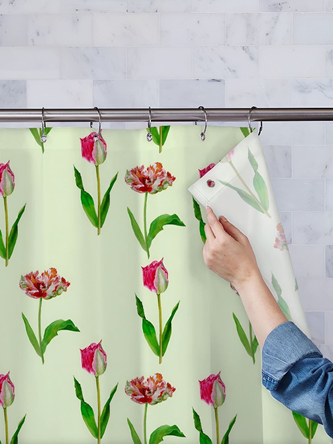 

ArtzFolio Green & Pink Printed Waterproof Shower Curtains