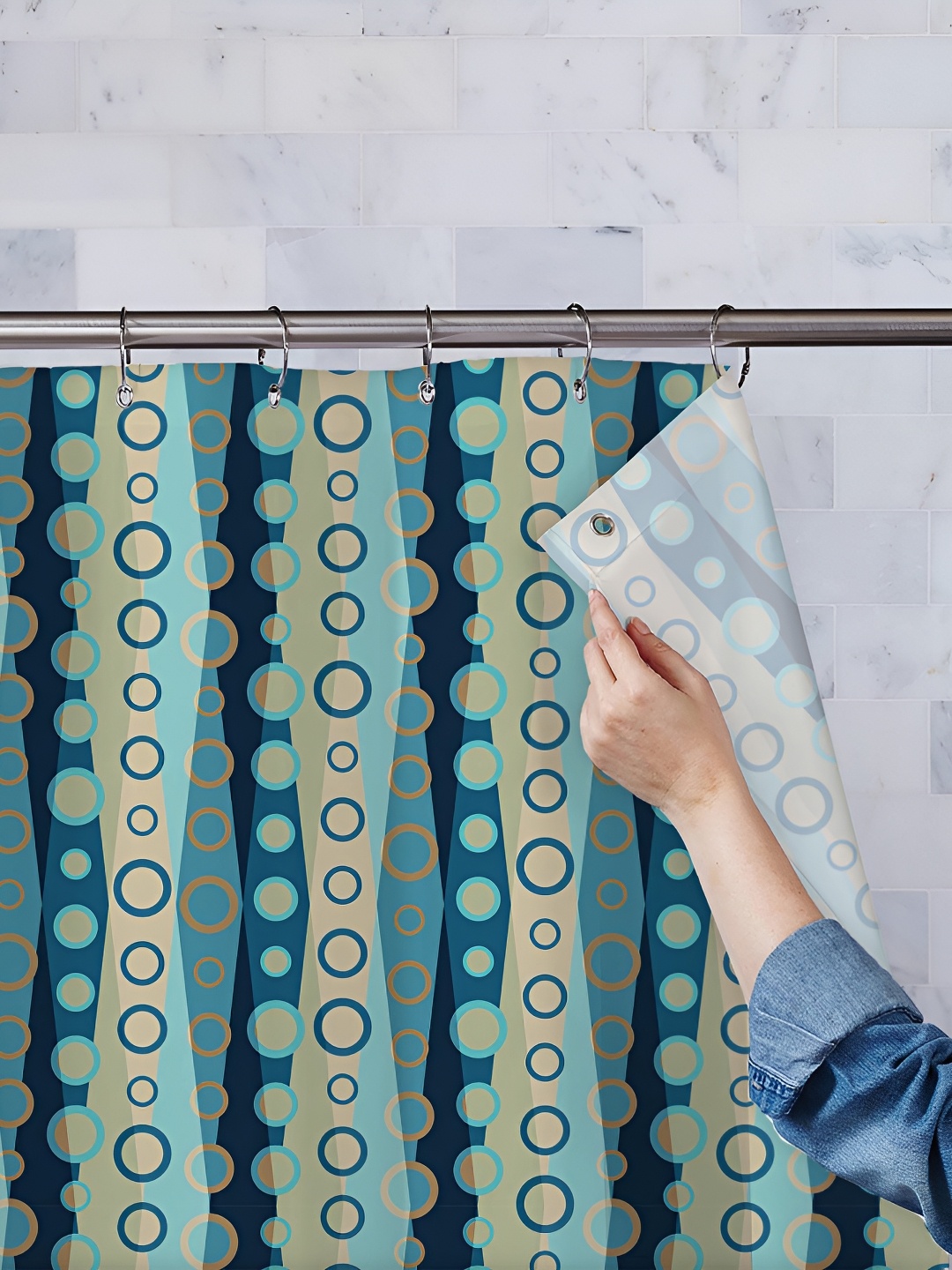 

ArtzFolio Beige & Blue Printed Waterproof Shower Curtain