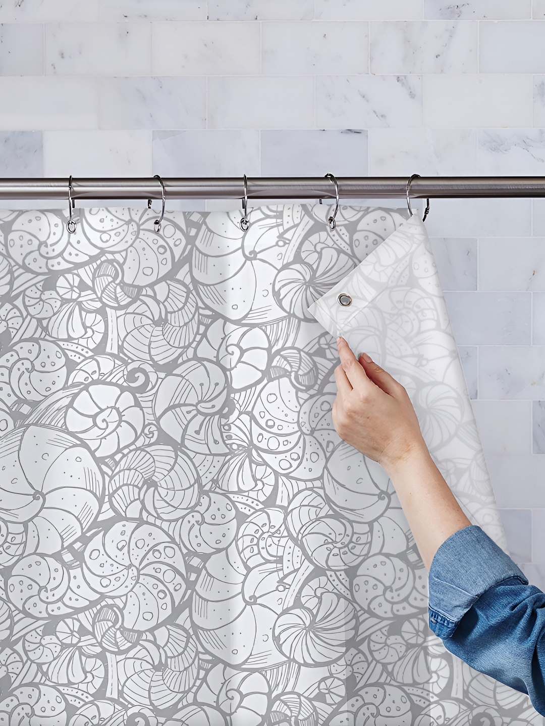 

ArtzFolio White & Grey Seashell-Printed Waterproof Shower Curtain