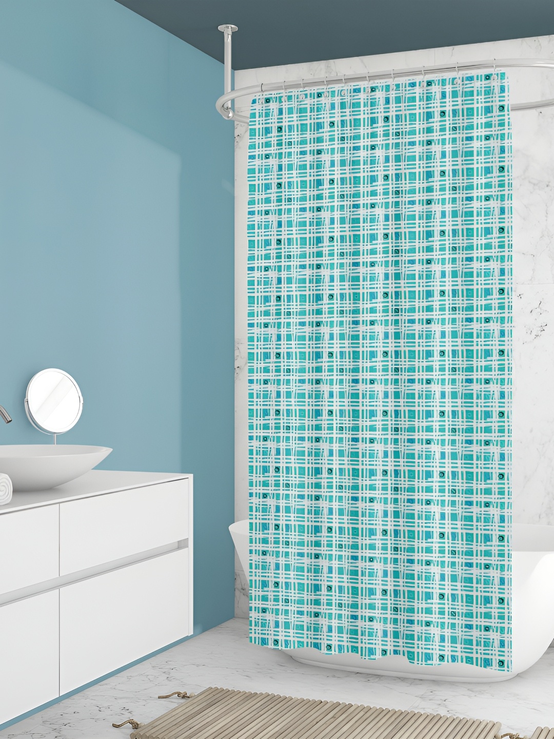 

ArtzFolio Turquoise-Blue & White Checked Waterproof Shower Curtain