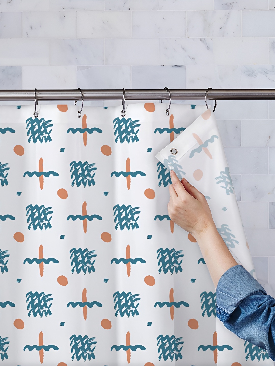 

ArtzFolio White & Teal Green Printed Waterproof Shower Curtains