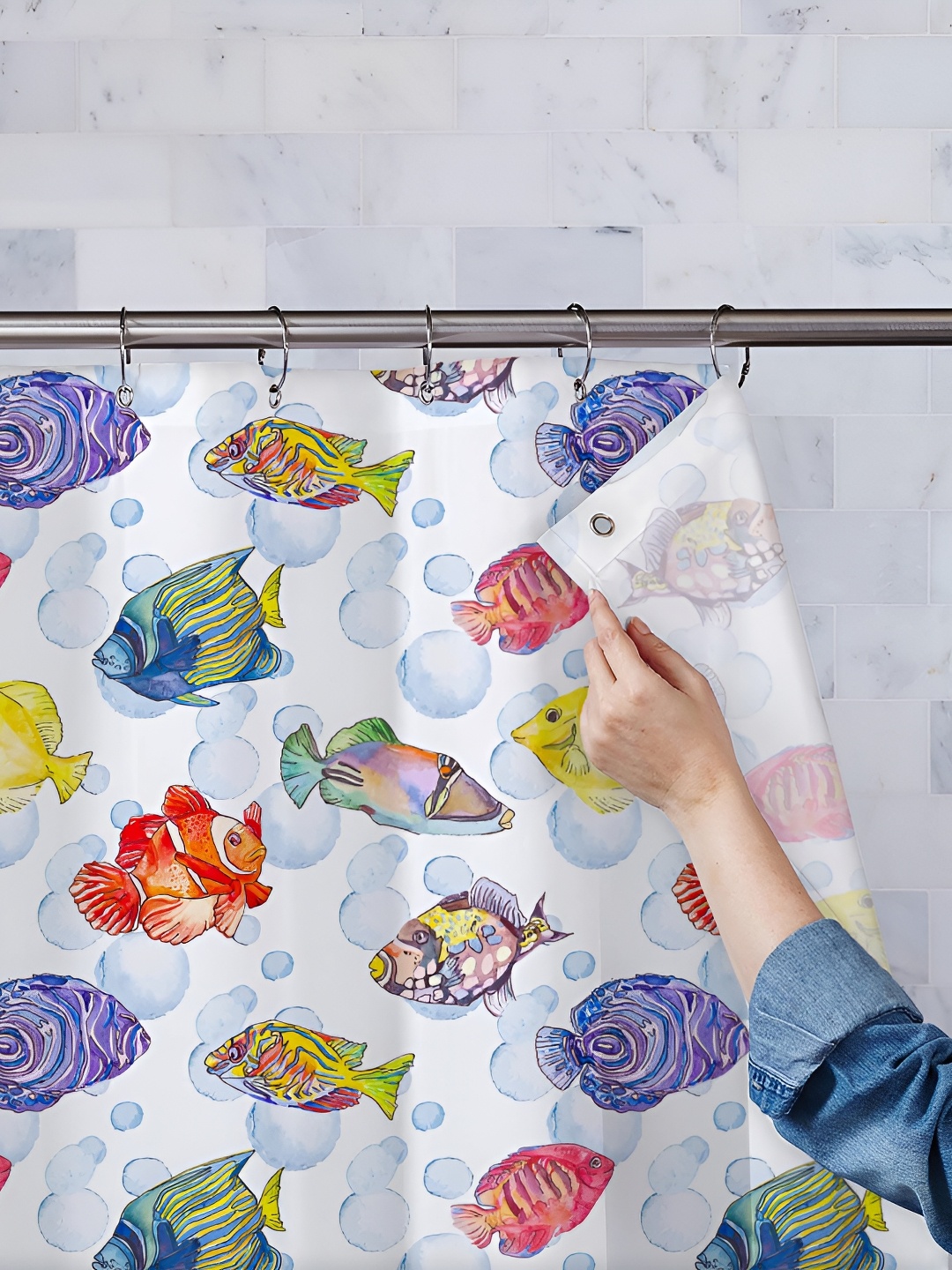 

ArtzFolio White & Blue Printed Waterproof Shower Curtains