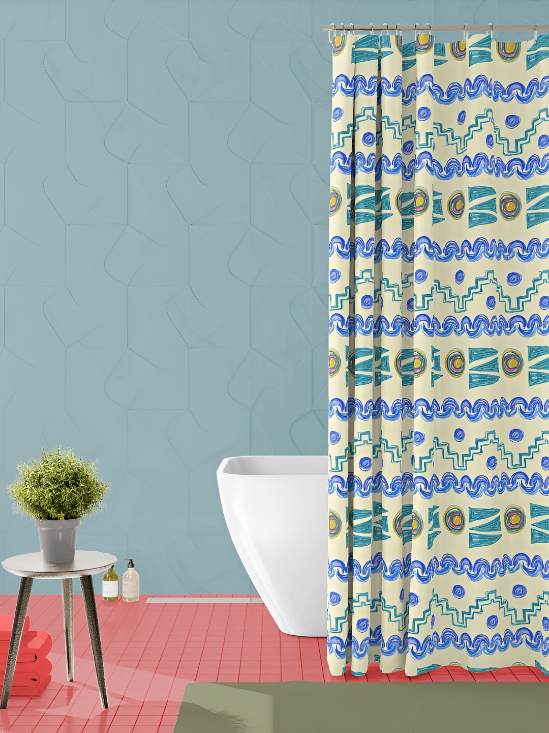 

ArtzFolio Green & Pink Printed Waterproof Shower Curtains, Blue