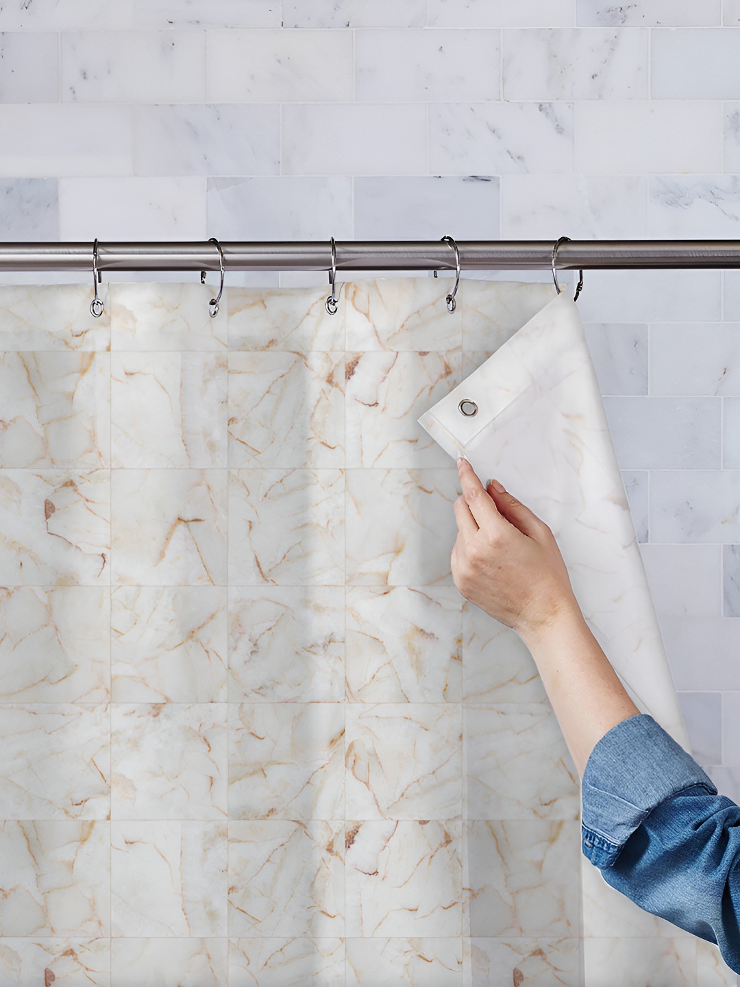 

ArtzFolio White & Beige Printed Waterproof Shower Curtains