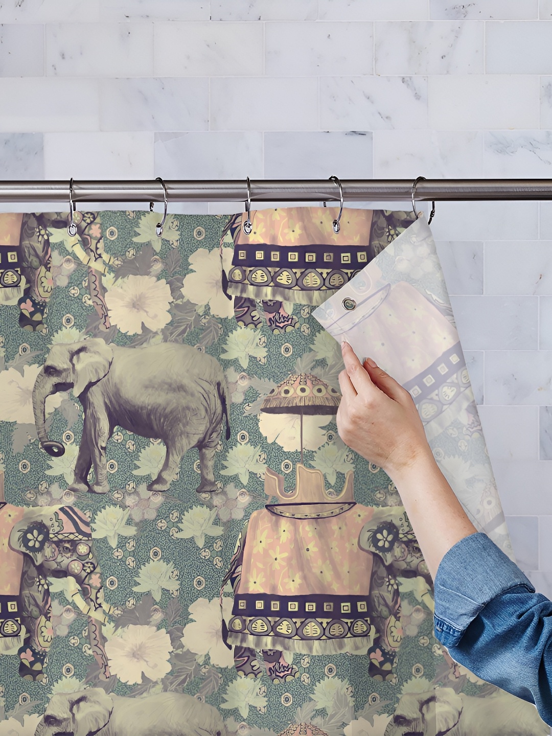 

ArtzFolio Green & Grey Printed Waterproof Shower Curtains
