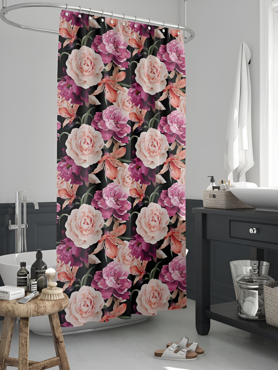 

ArtzFolio Black & Pink Printed Waterproof Shower Curtains, White