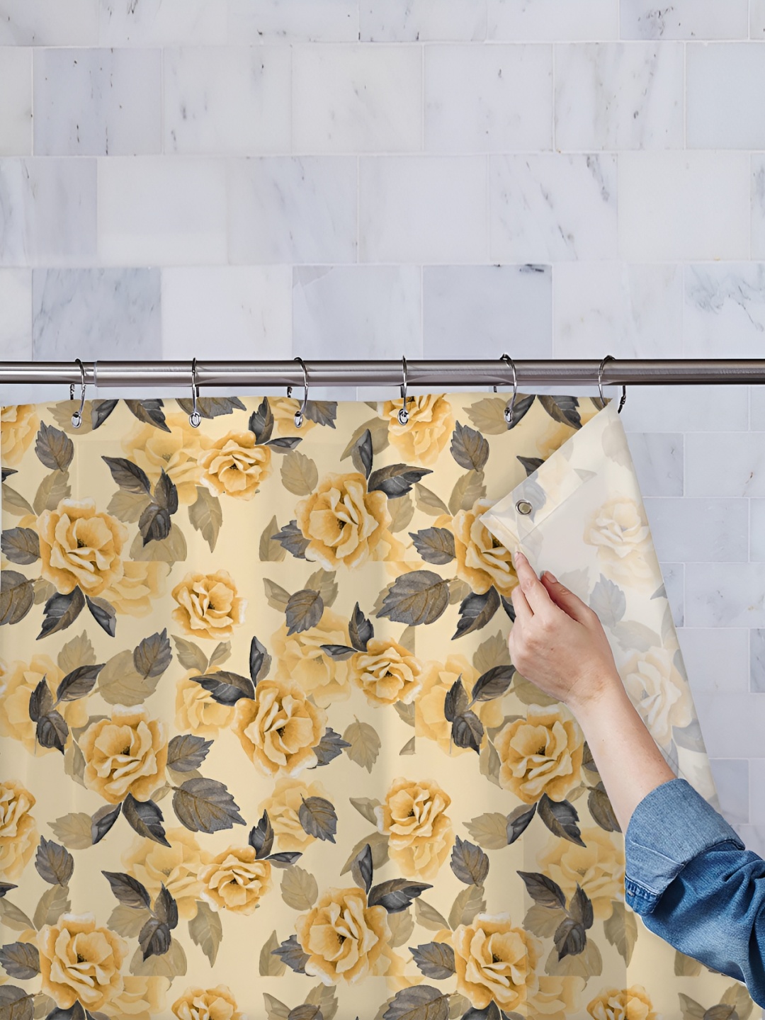 

ArtzFolio Yellow & Grey Printed Waterproof Shower Curtains