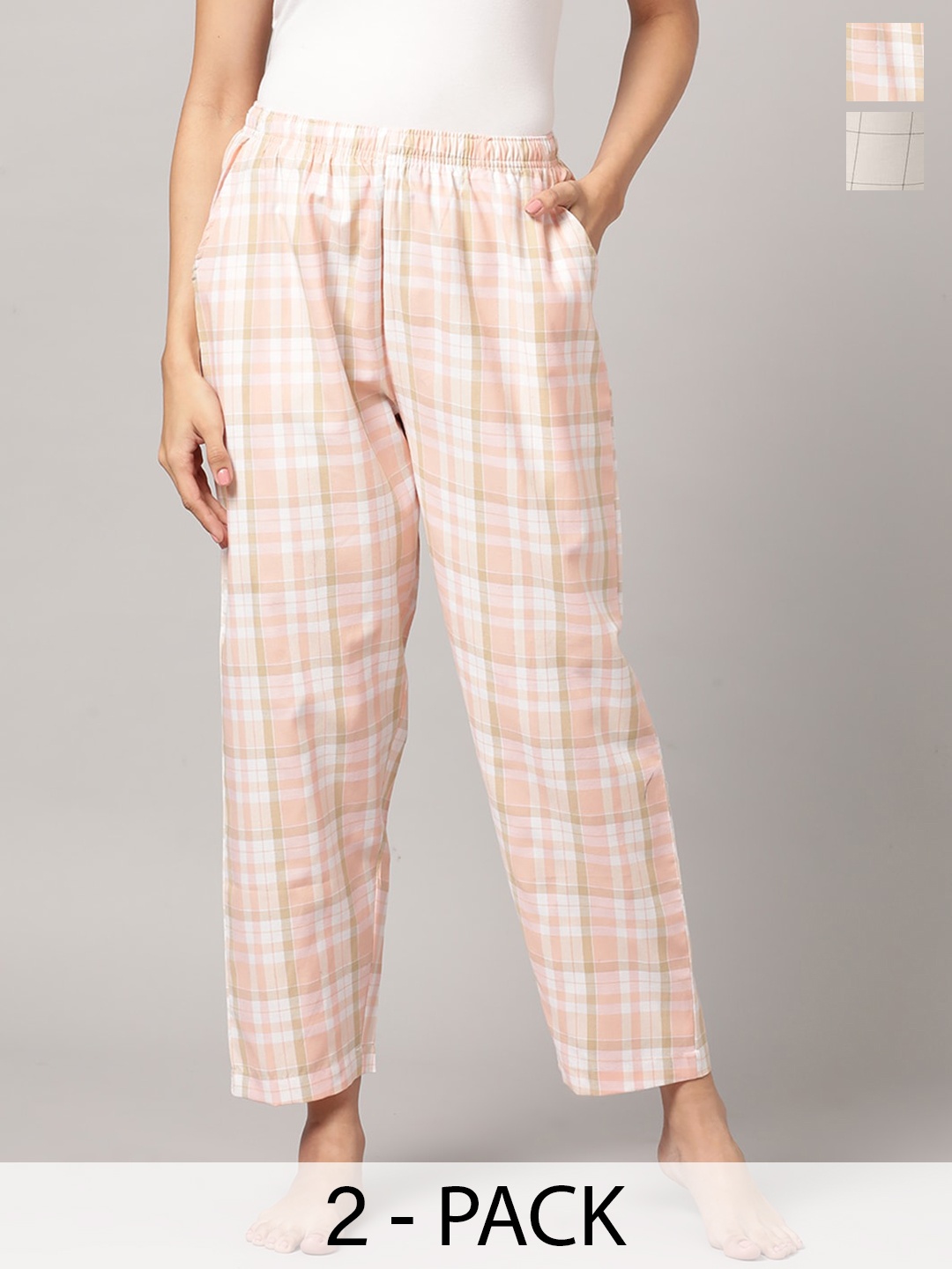 

Kryptic Women Set Of 2 Checked Cotton Lounge Pants, Pink