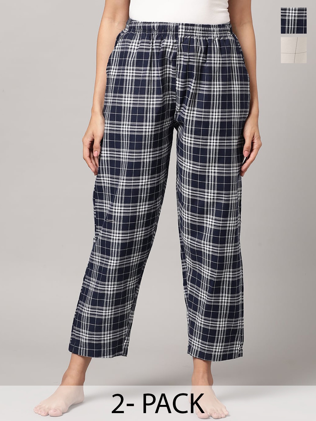 

Kryptic Women Set Of 2 Checked Cotton Lounge Pants, Navy blue