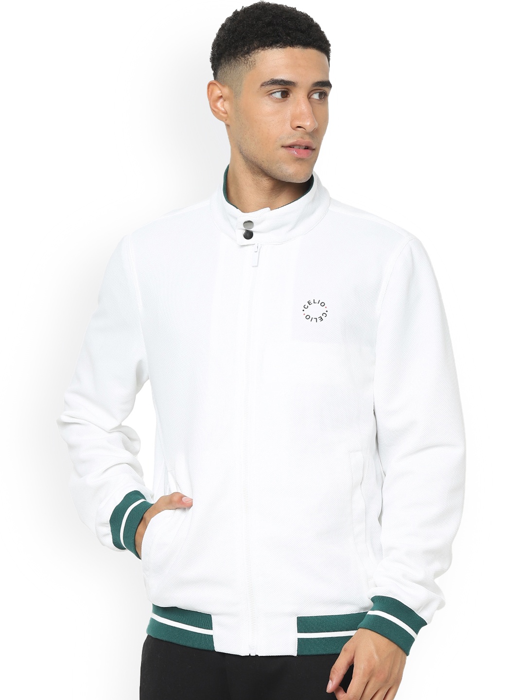 

Celio Mock Collar Long Sleeves Zip Detail Cotton Bomber Jacket, White