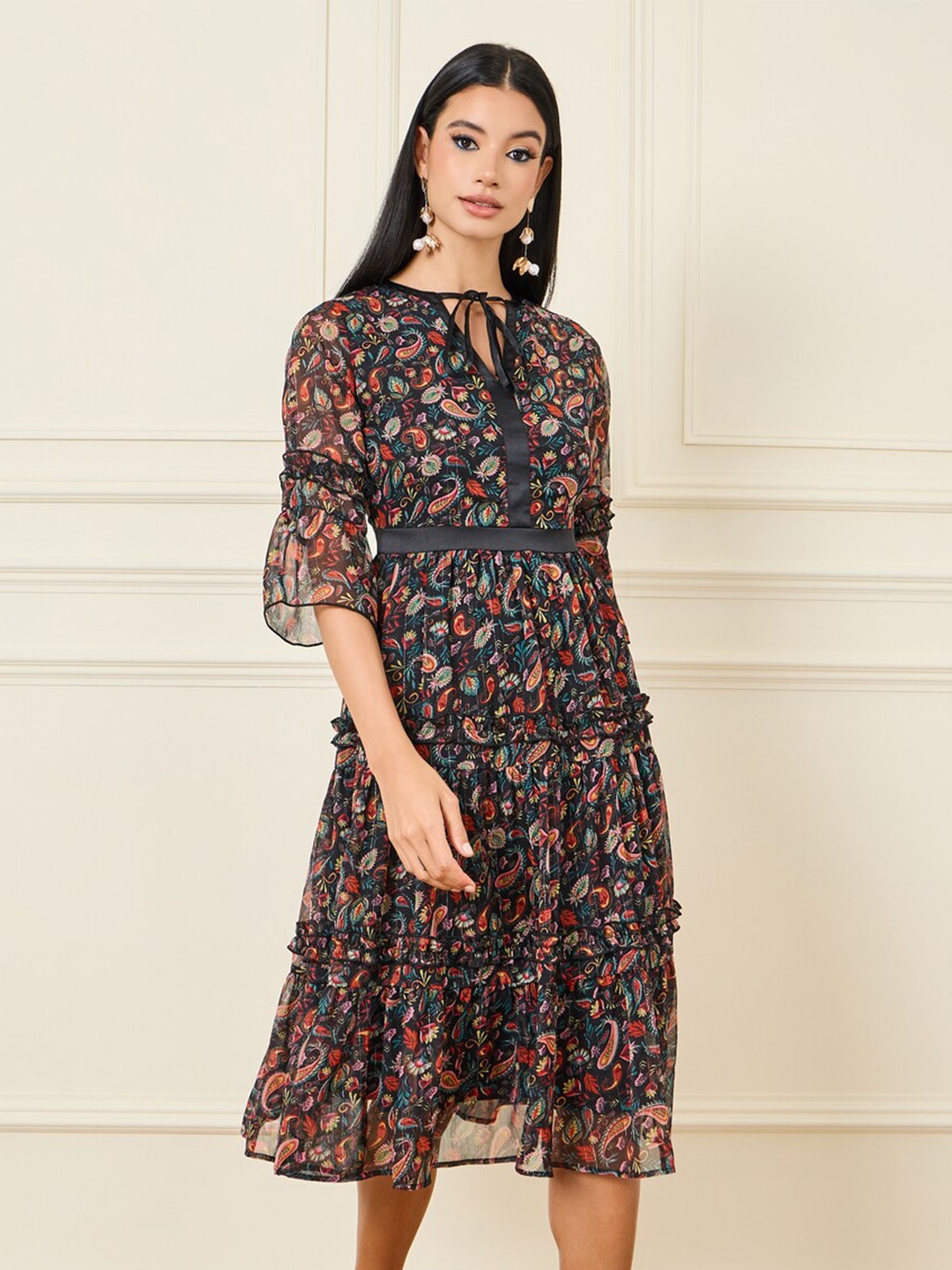 

Styli Ethnic Motifs Printed Tie-Up Neck Bell Sleeve A-Line Dress, Black