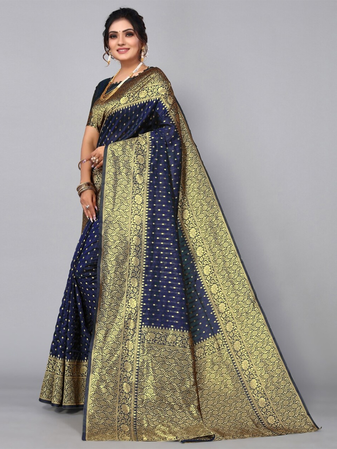 

HOLLYBEE TELLS Polka Dots Woven Design Zari Banarasi Saree, Navy blue