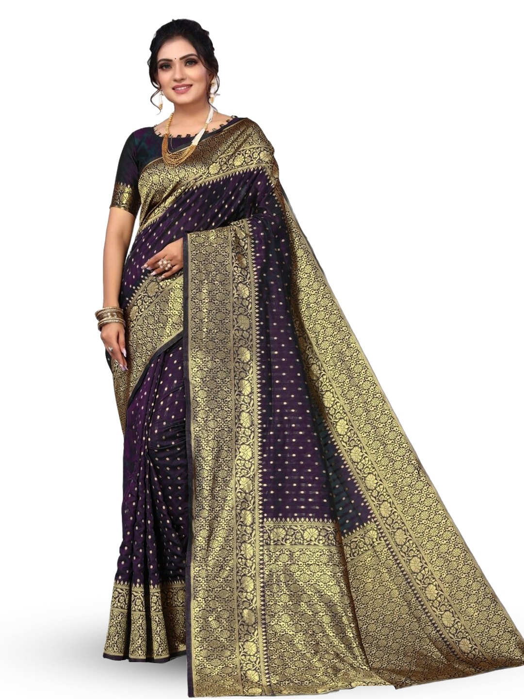 

HOLLYBEE TELLS Polka Dots Woven Design Zari Banarasi Saree, Purple