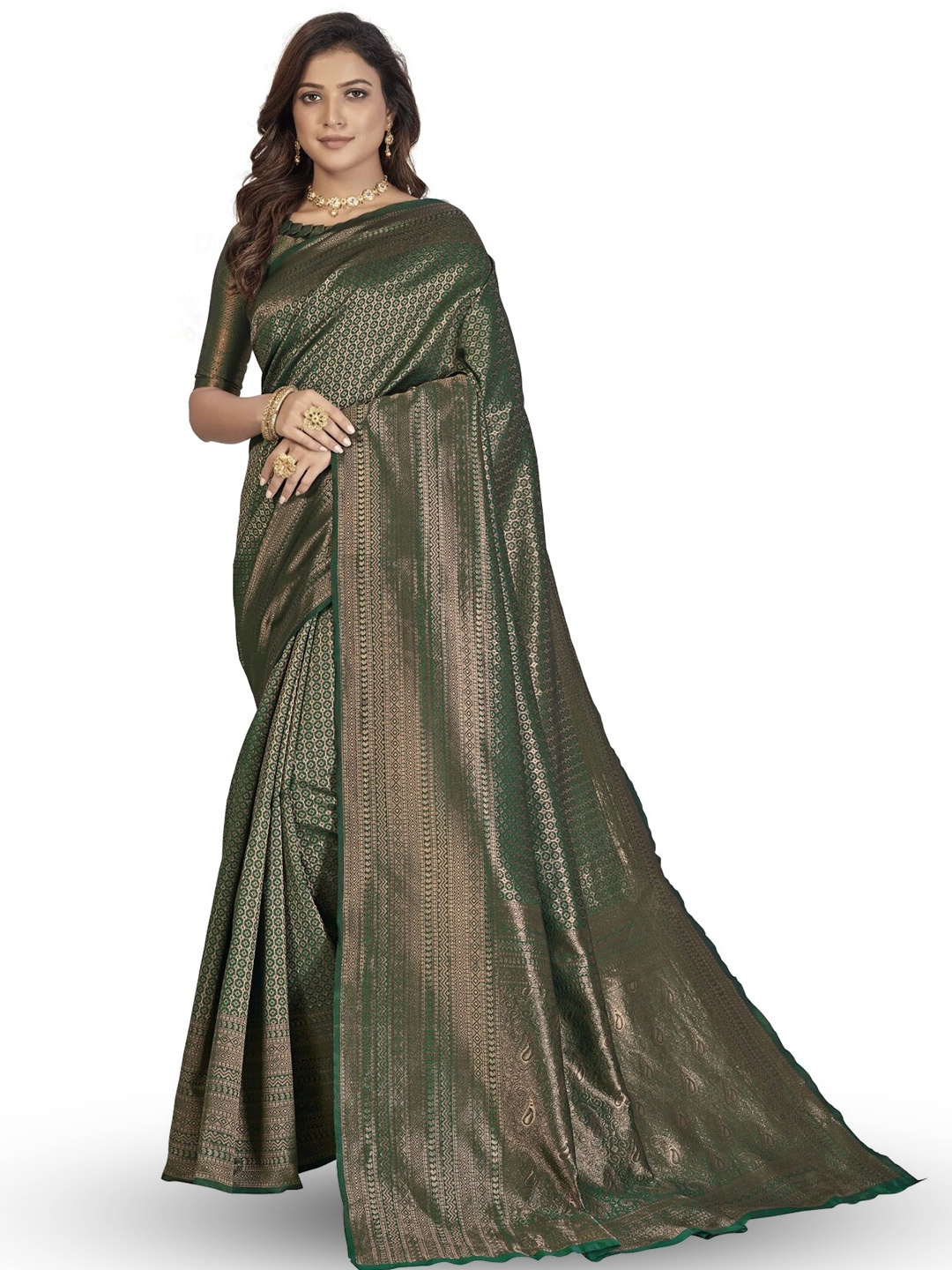 

HOLLYBEE TELLS Ethnic Motifs Woven Design Zari Banarasi Saree, Green