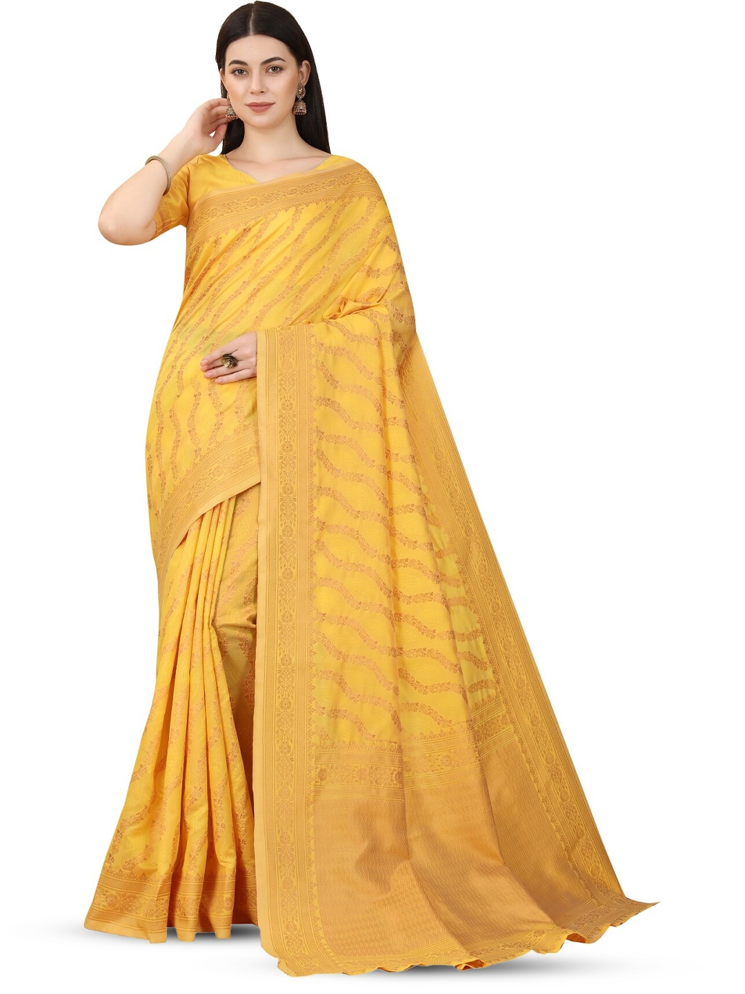 

HOLLYBEE TELLS Floral Woven Design Zari Banarasi Saree, Yellow