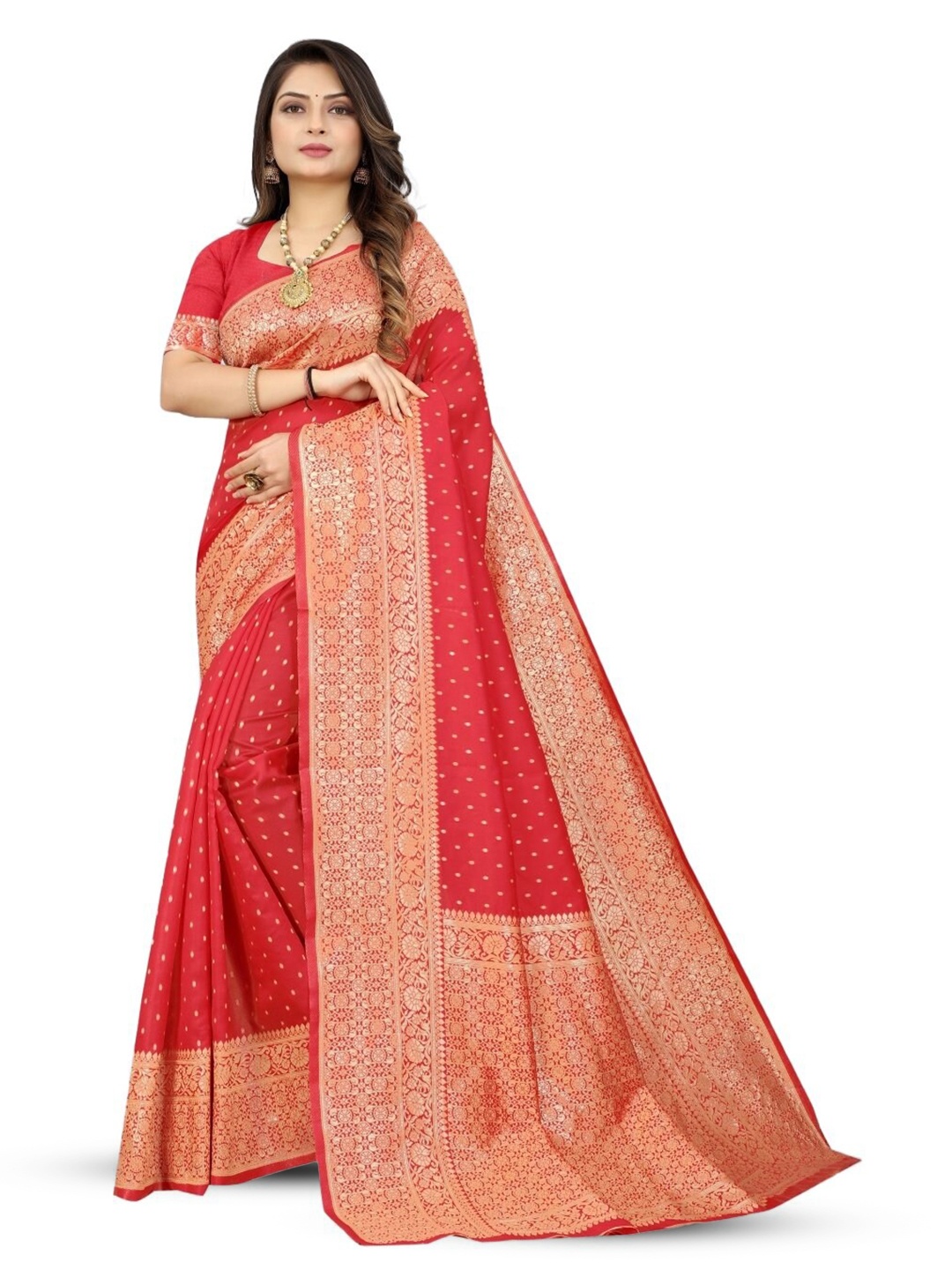 

HOLLYBEE TELLS Ethnic Motifs Zari Silk Blend Banarasi Saree, Red