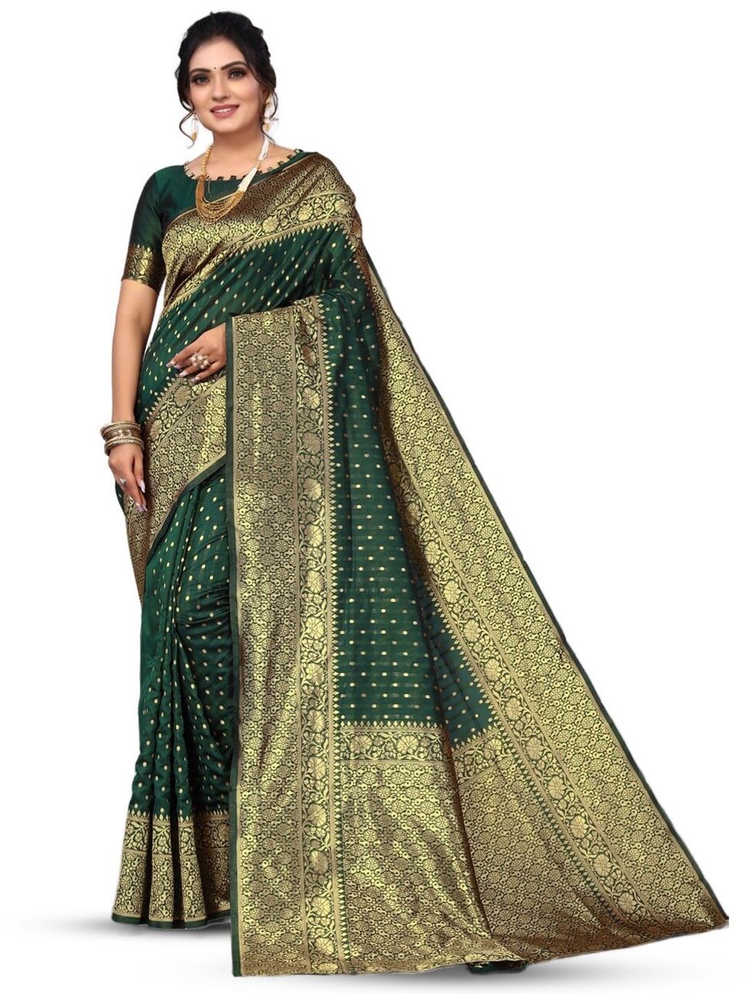 

HOLLYBEE TELLS Polka Dots Woven Design Zari Banarasi Saree, Green