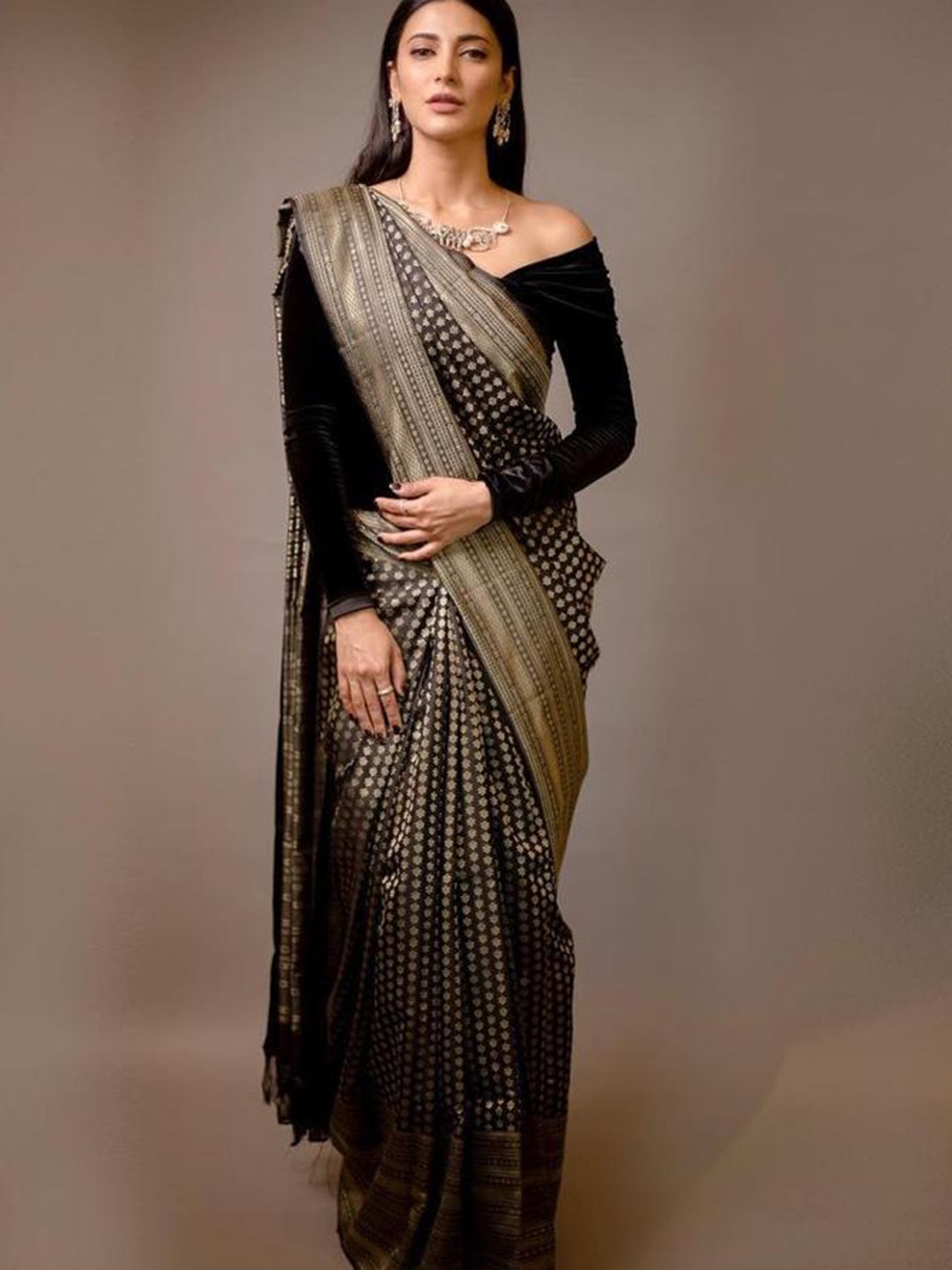

HOLLYBEE TELLS Ethnic Motifs Zari Banarasi Saree, Black