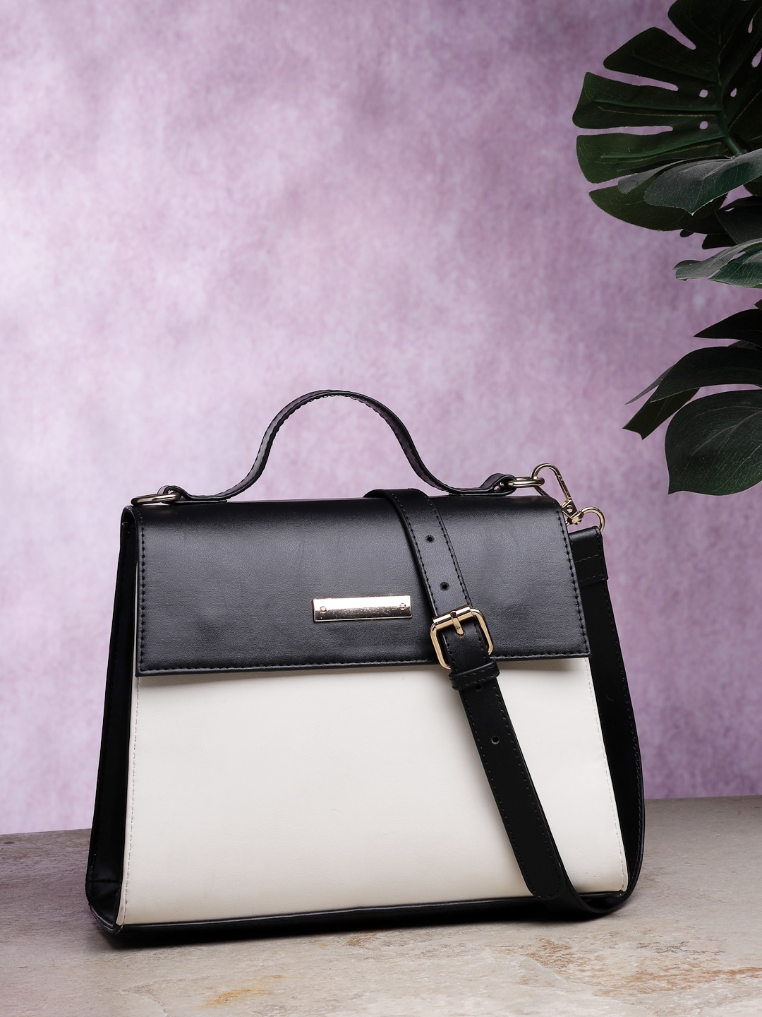 Mast & Harbour White & Black Colourblocked Structured Satchel Bag