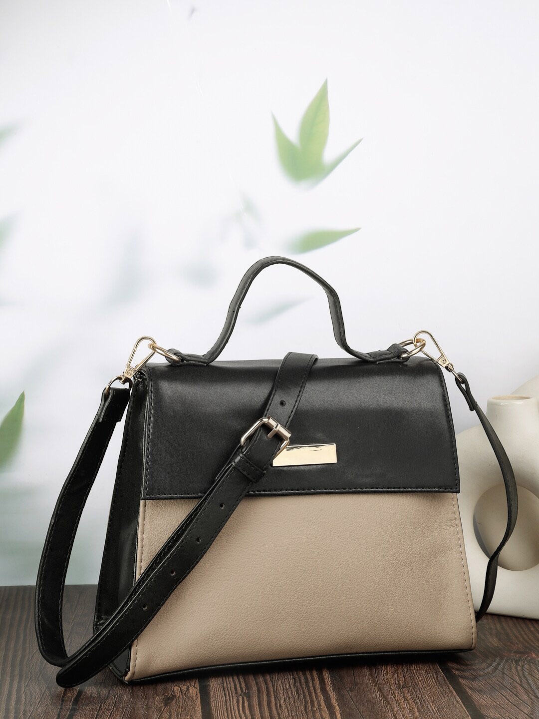 

Mast & Harbour Beige & Black Colourblocked Structured Satchel Bag