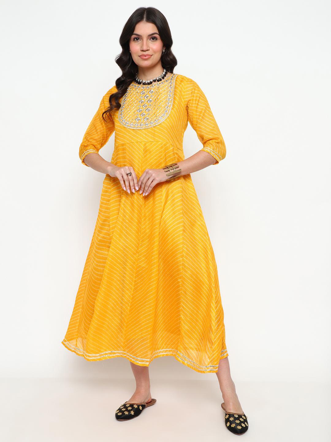 

KALINI Leheriya Printed Round Neck Embroidered Fit & Flare Midi Ethnic Dress, Yellow