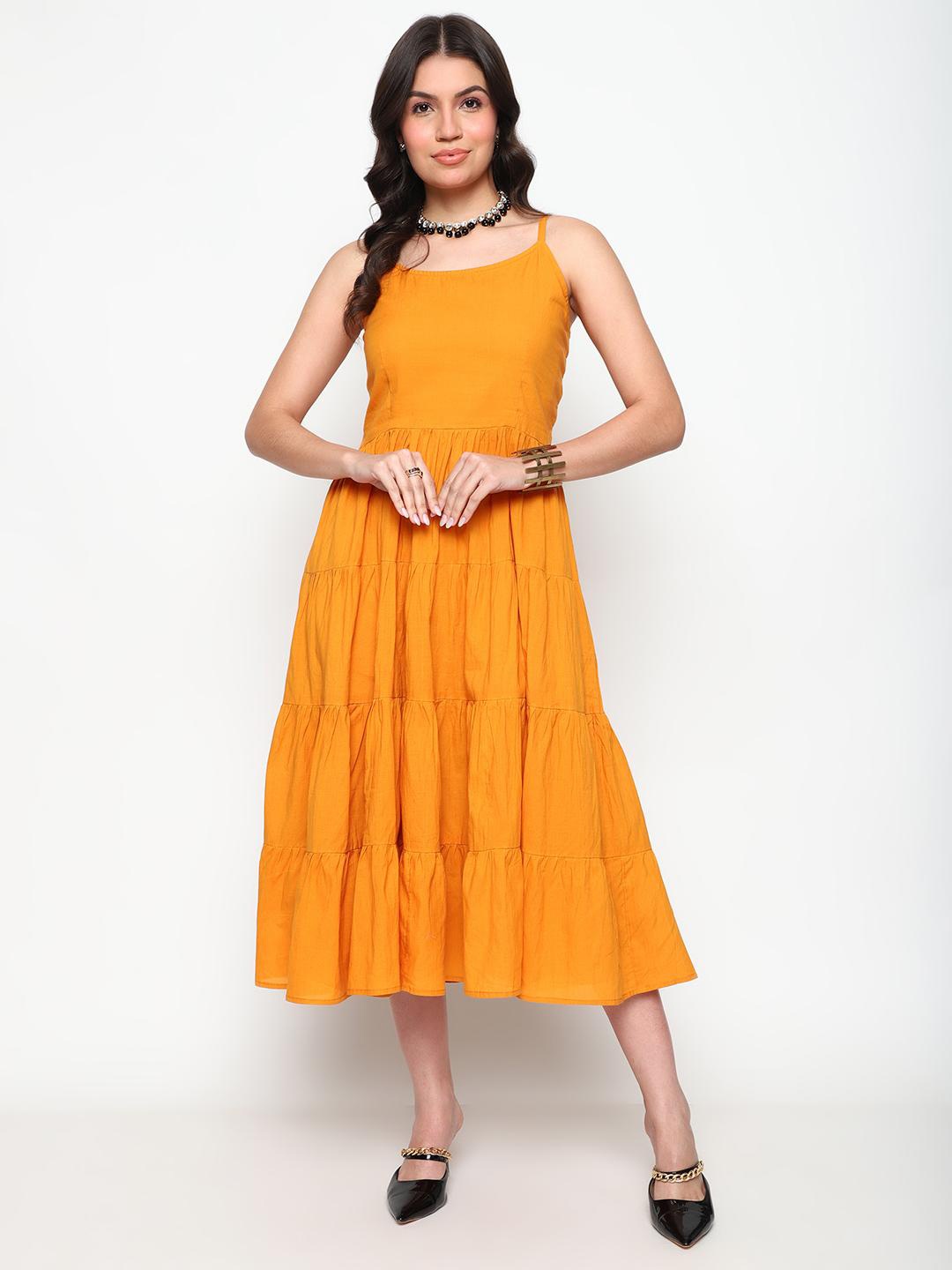 

KALINI Shoulder Straps Gathered Cotton Fit & Flare Midi Dress, Mustard