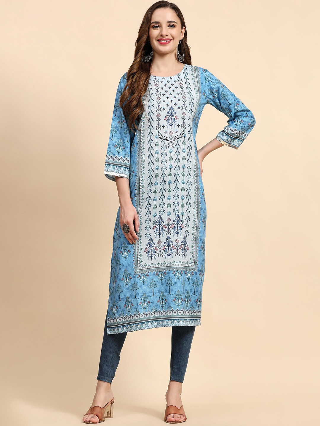 

KALINI Floral Printed Round Neck Kurta, Blue