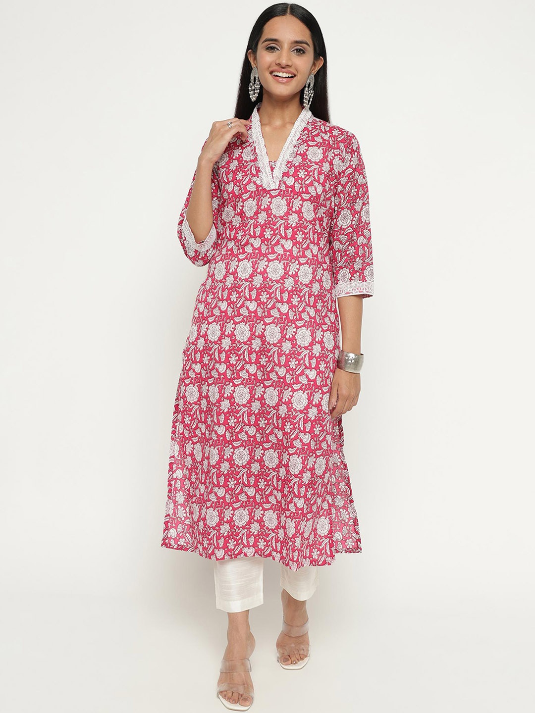 

KALINI Floral Printed V-Neck Pure Cotton Kurta, Pink