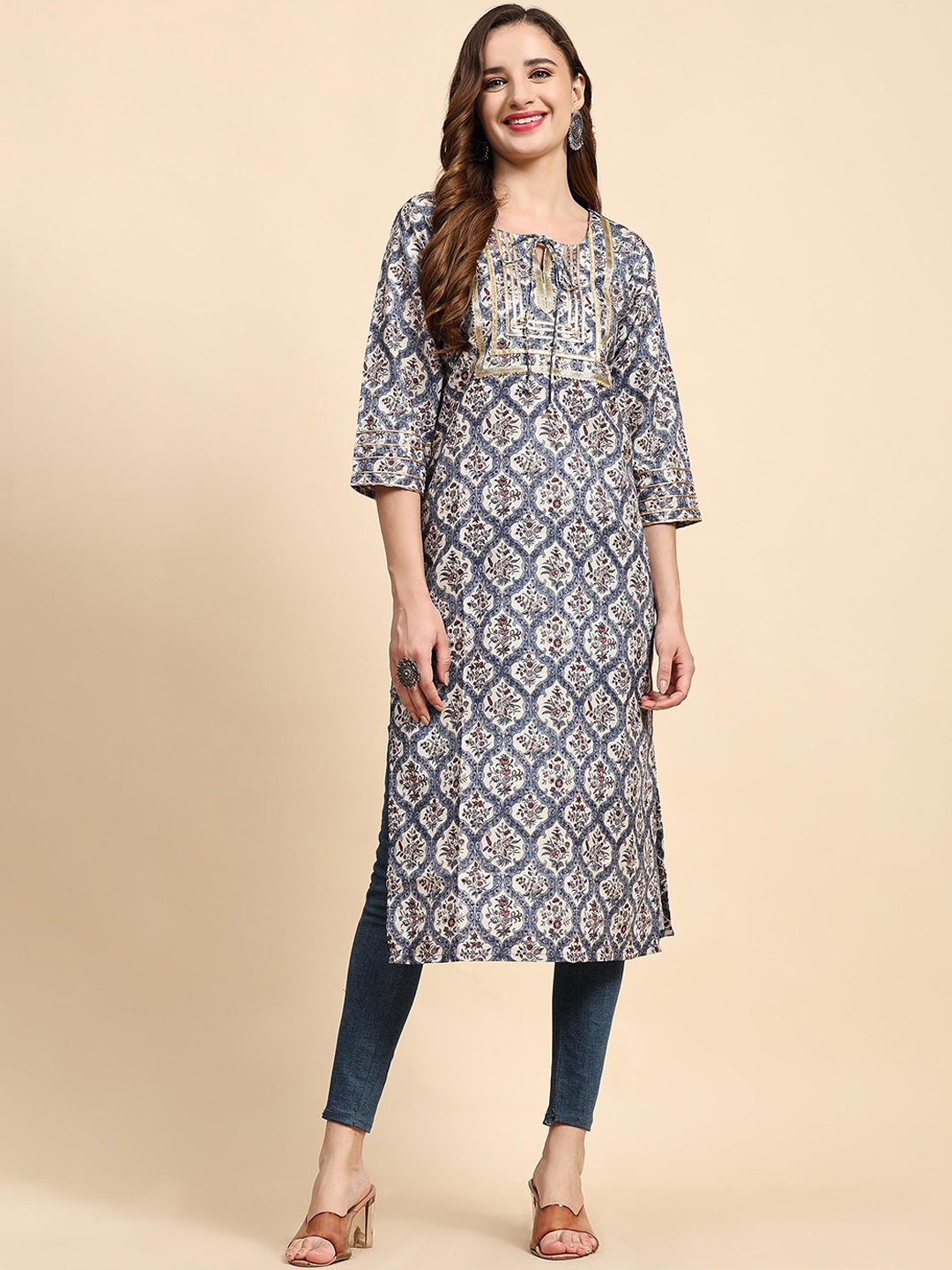 

KALINI Ethnic Motifs Printed Tie Up Neck Kurta, Blue