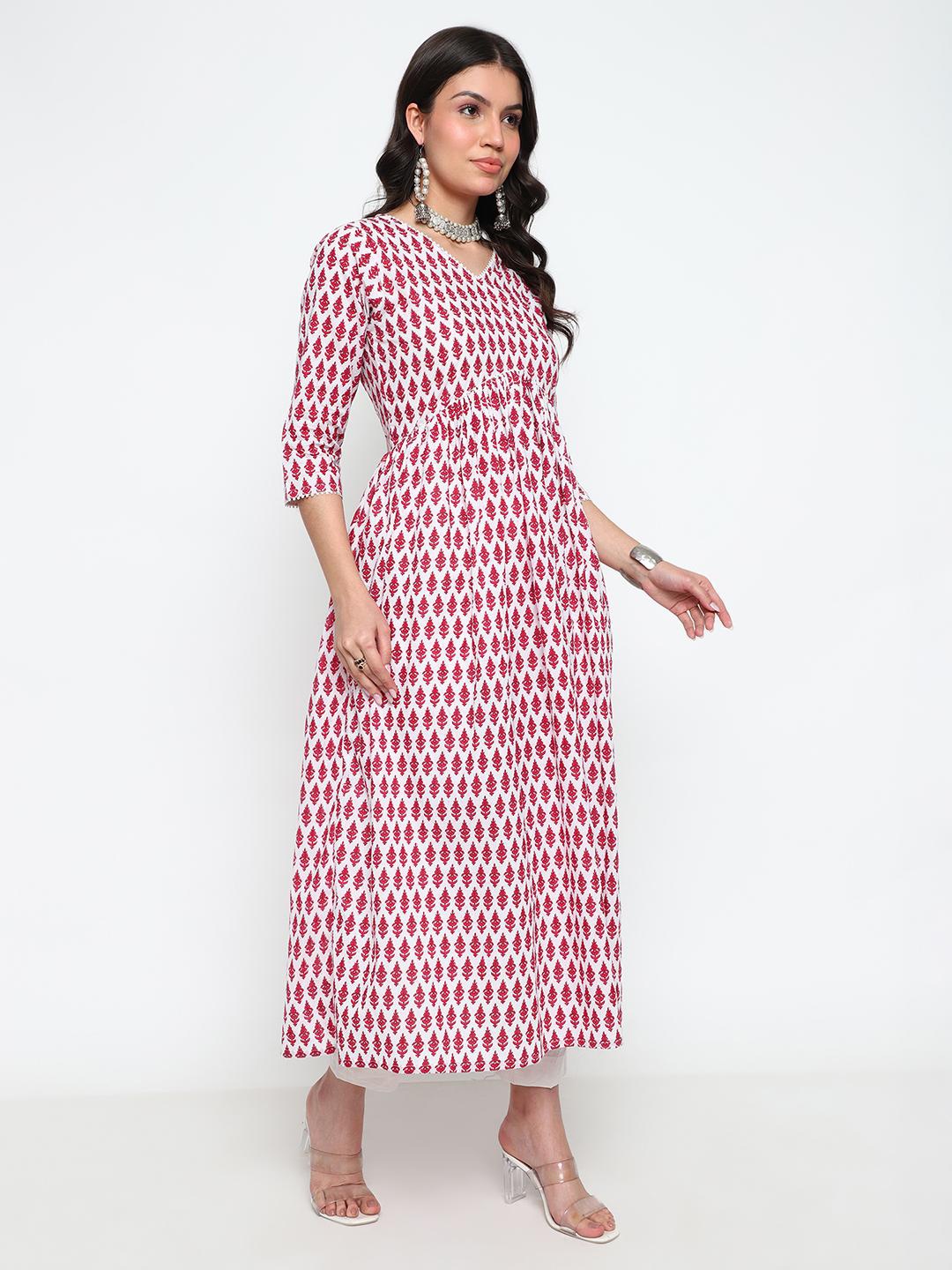 

KALINI Geometric Printed V-Neck A-Line Cotton Maxi Dress, Pink