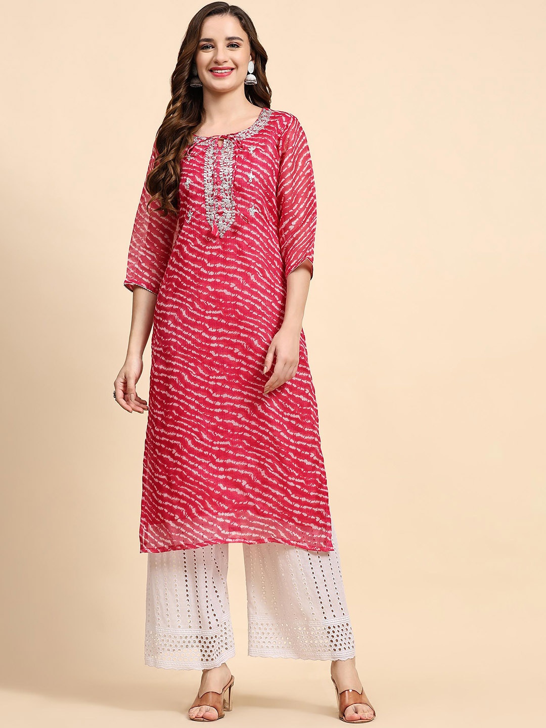 

KALINI Leheriya Printed Tie Up Neck Thread Work Kurta, Magenta