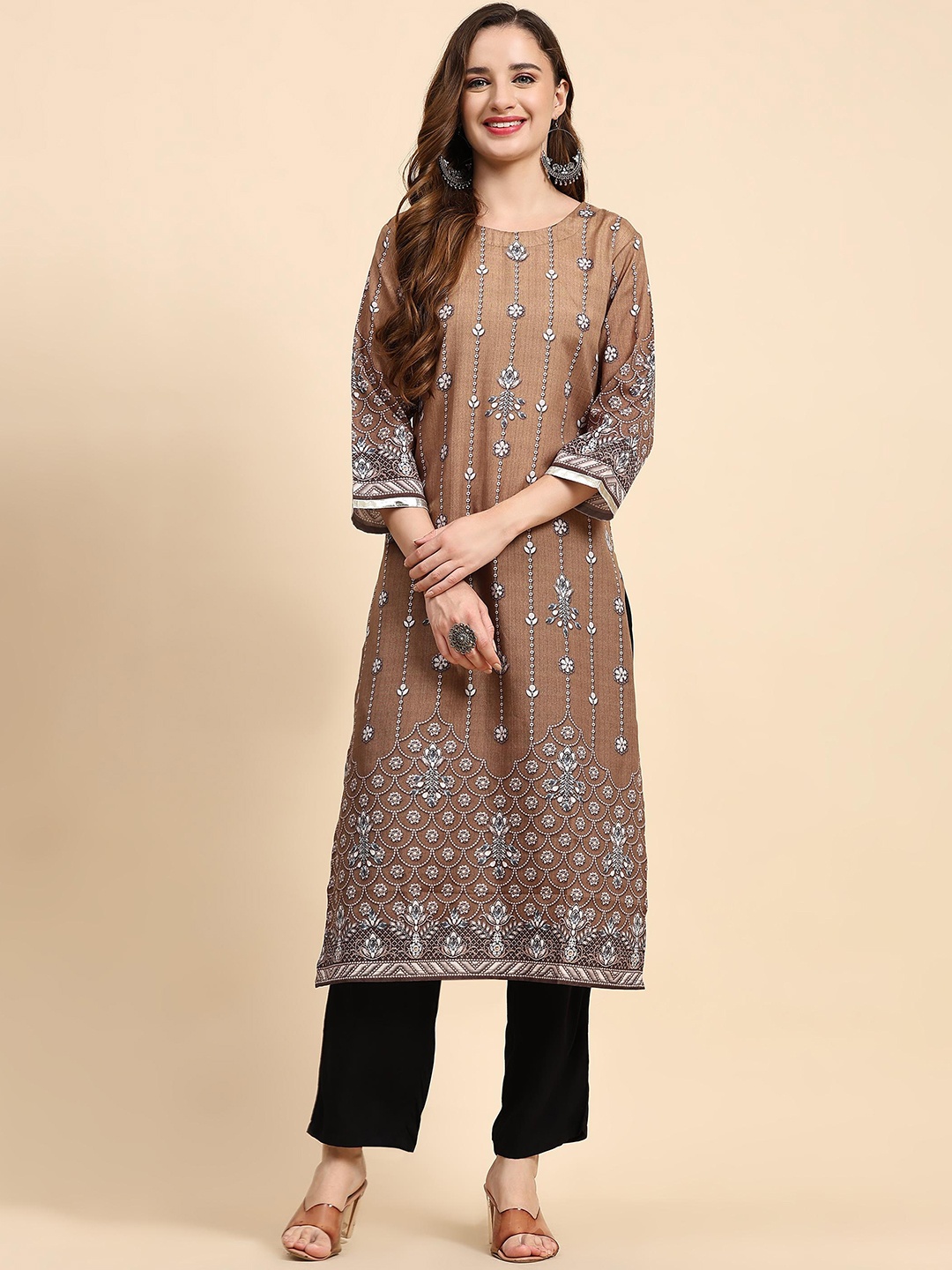 

KALINI Ethnic Motifs Embroidered Round Neck Kurta, Camel brown