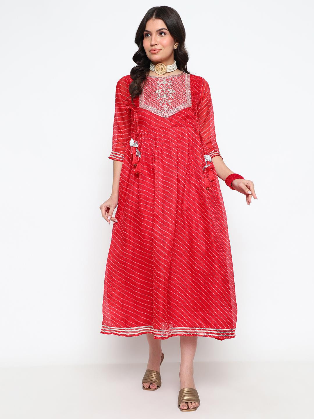 

KALINI Leheriya Printed Round Neck Embroidered Fit & Flare Midi Ethnic Dress, Red