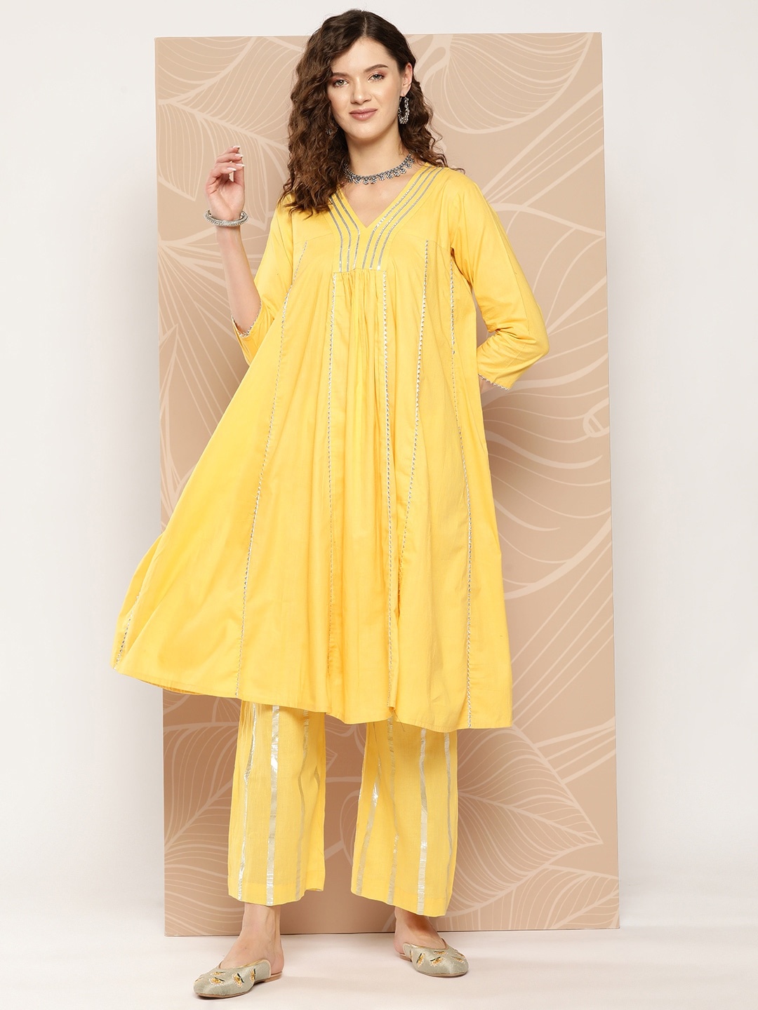 

Inddus Ethnic Woven Design Empire Gotta Patti Pure Cotton A-Line Kurta With Palazzos, Yellow