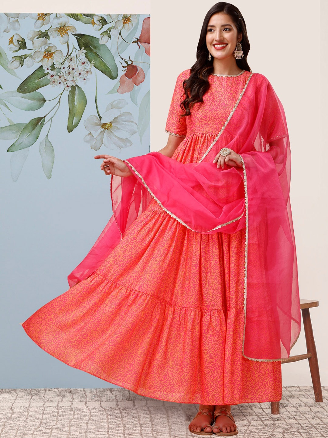 Inddus Round Neck Thread Work Floral Anarkali Kurta With Dupatta, Orange