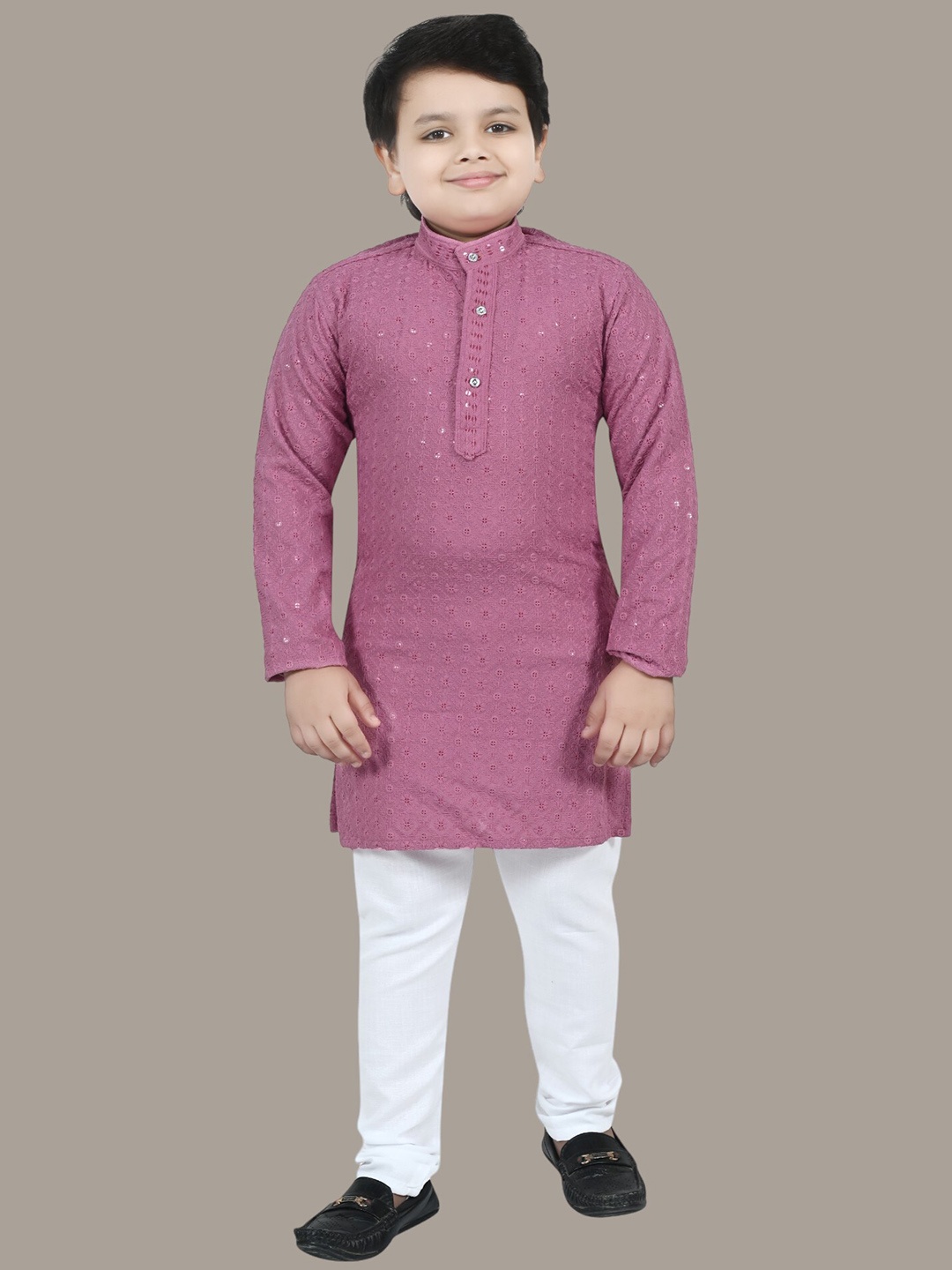 

BT DEZINES Boys Ethnic Motifs Chikankari Embroidered Straight Kurta with Churidar, Purple